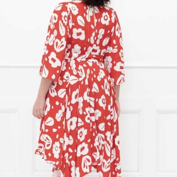Eloquii Dress New Plus Sz 22 Bold Floral‎ Short Sleeve Red Asymmetrical Hem - Picture 3 of 11